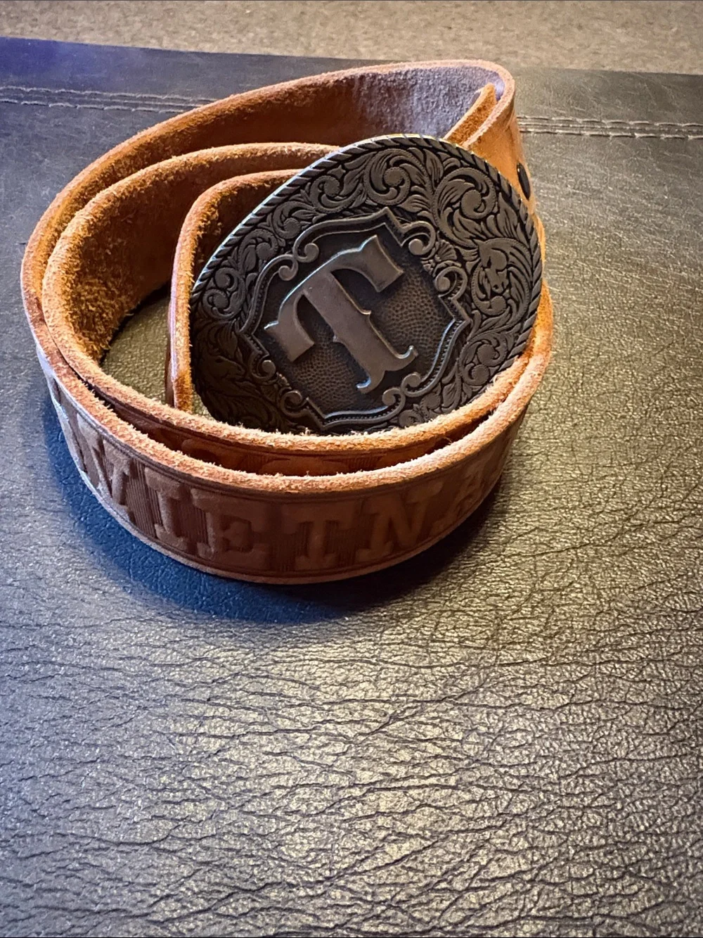 Hand tooled leather Vietnam Veteran belt w/ Award Design Medals letter T buckle